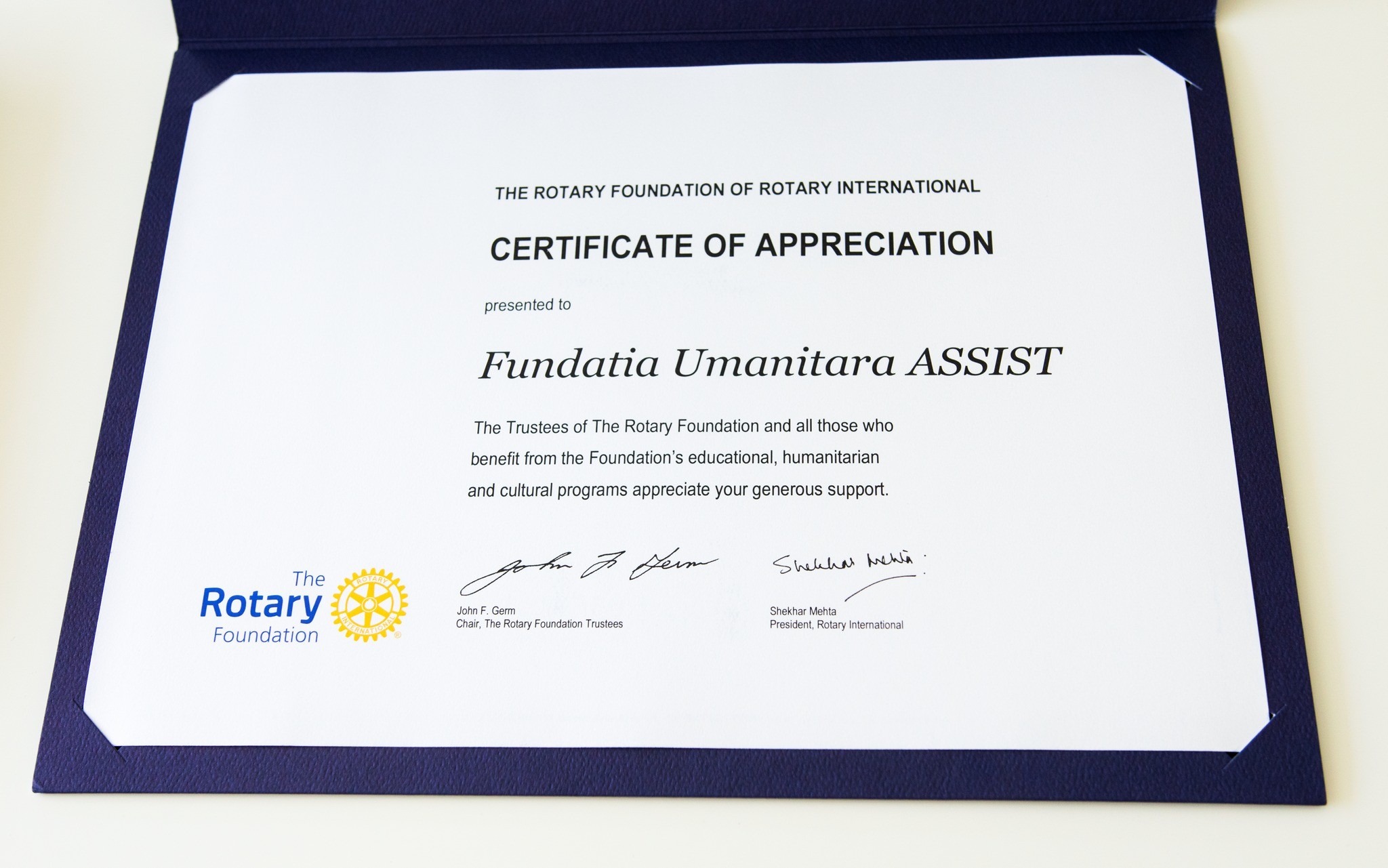 Rotary International awards Fundatia Umanitara ASSIST